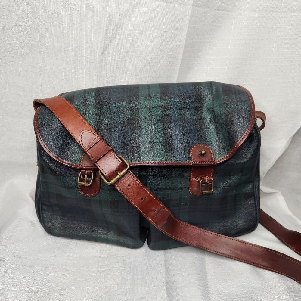 Polo Ralph Lauren Green Messenger Bag Vintage Leather Trim Missing Buckle Straps